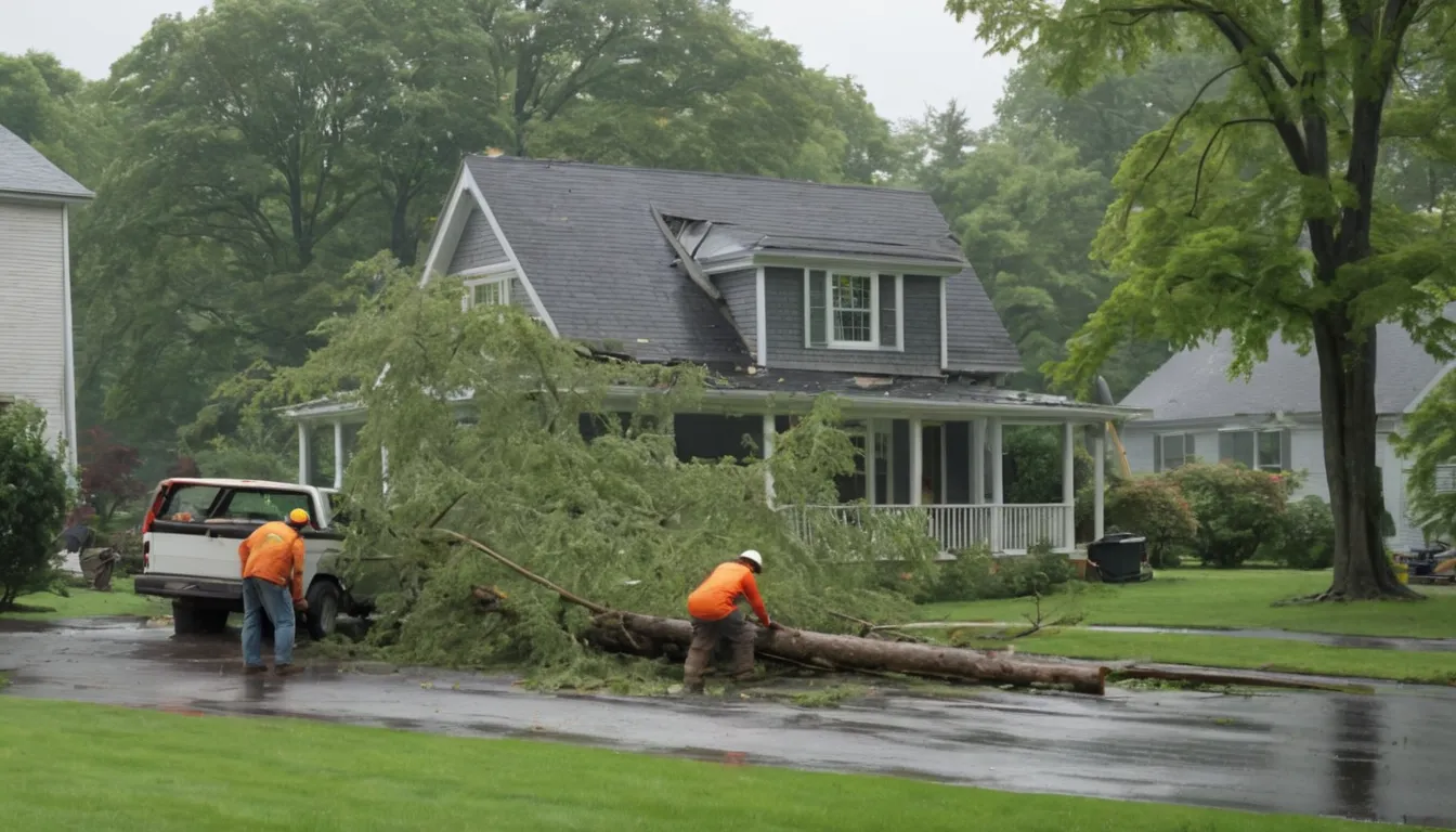 Provider securing a fallen tree beside a house after a storm in the Skokie area