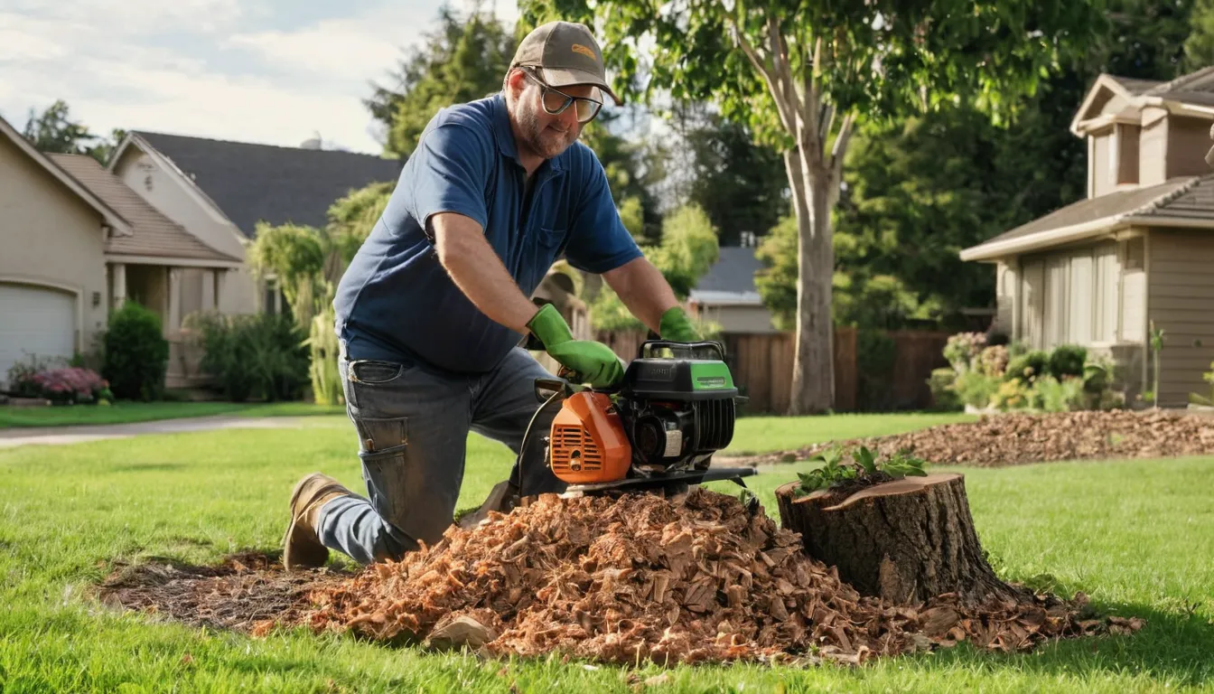 Provider grinding a tree stump in a residential yard in Skokie